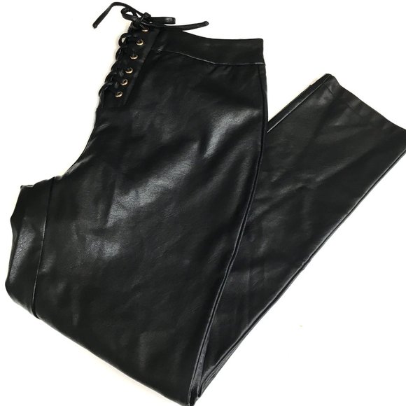 Kittenish Lace Up Front Blk Faux Leather Pants EUC - Picture 5 of 14
